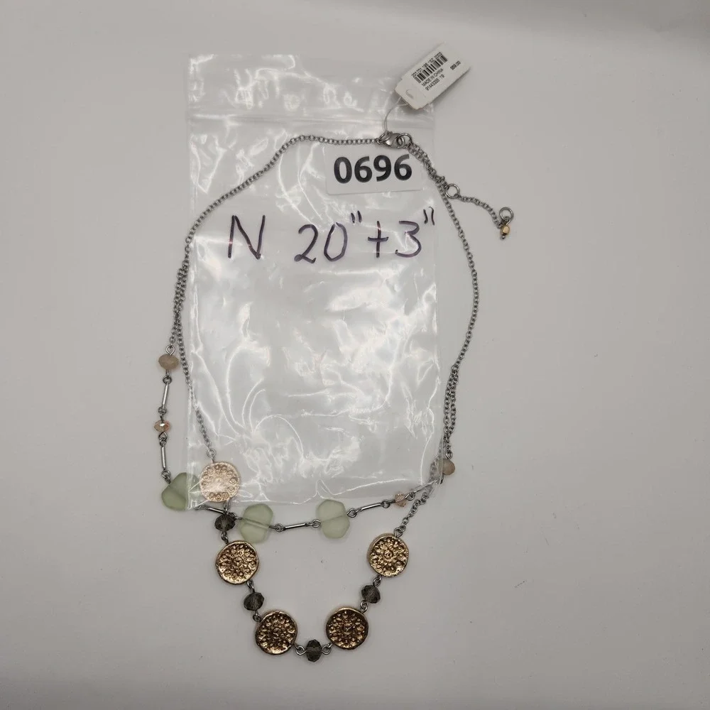 Boho Layered Necklace Gold Coin Crystal Green Bead Silver Tone J. Jill NEW